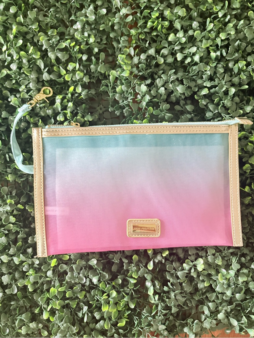 Lilly Pulitzer Pink to Aqua Ombre Wristlet with Gold Trim